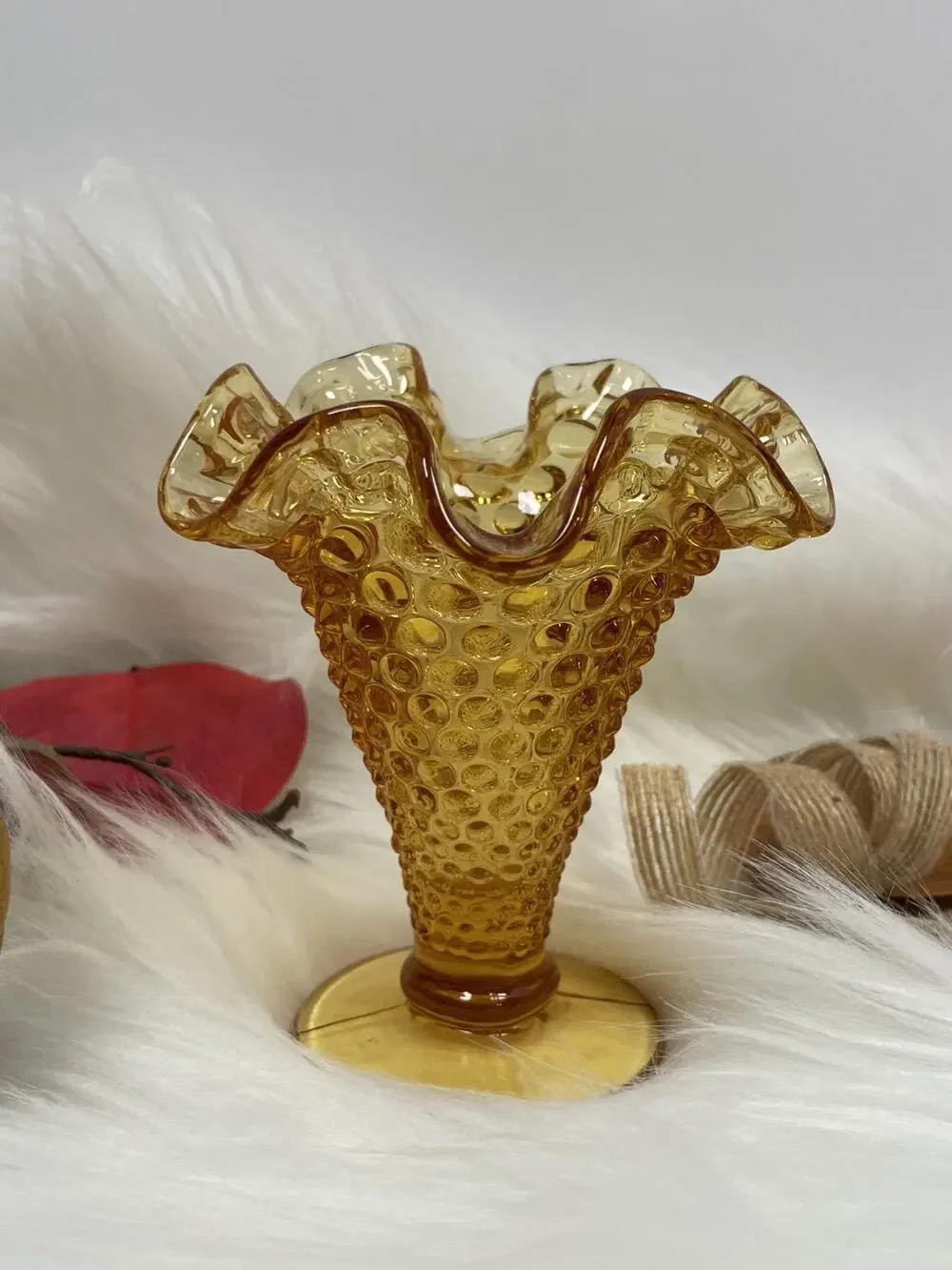 Vintage Fenton Colonial Hobnail Ruffled Trumpet Vase in Marigold 3.5
